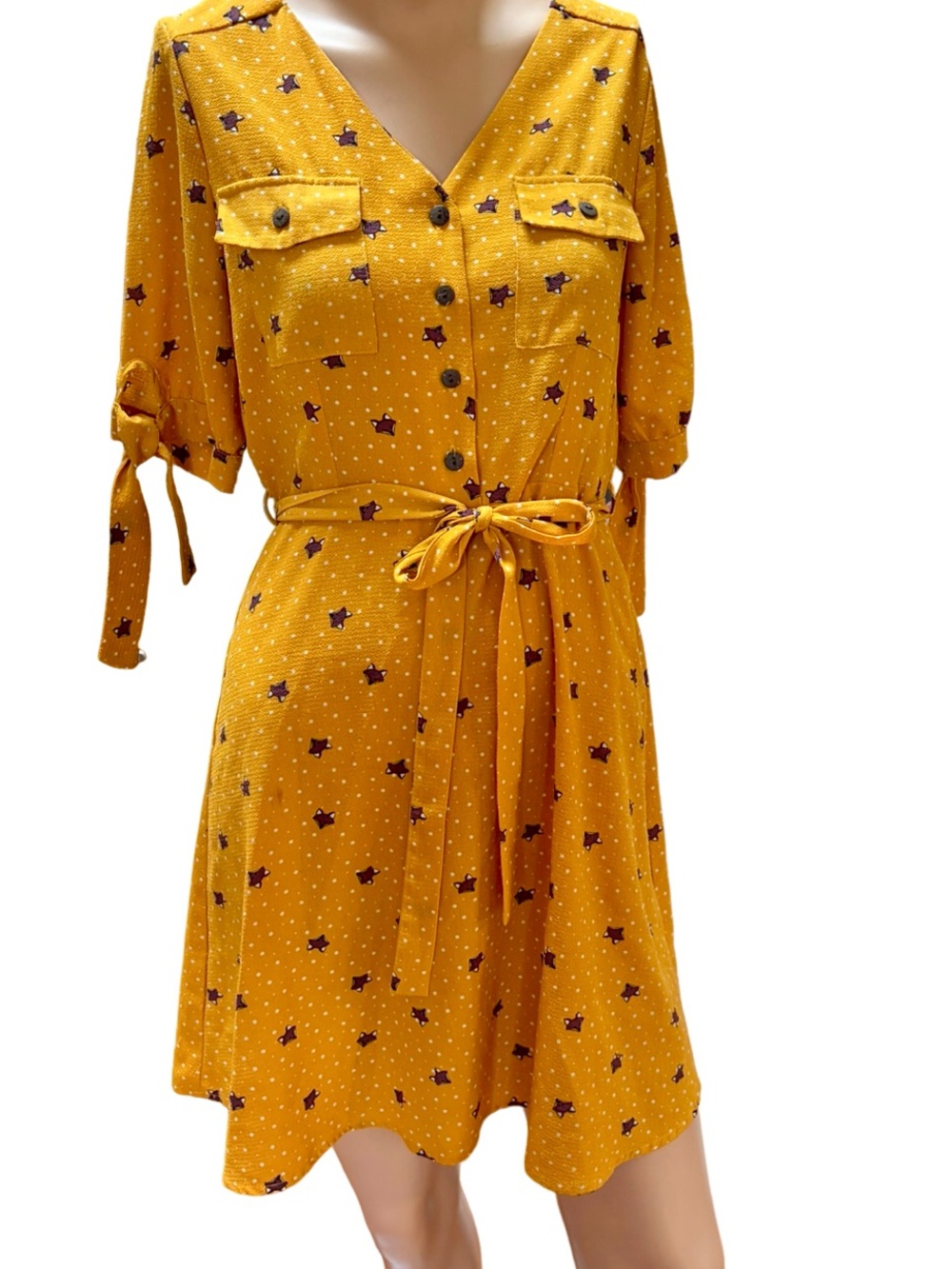 Monteau Mustard Yellow Fox Print Tie Waist Dress | Boho Cottagecore Size M